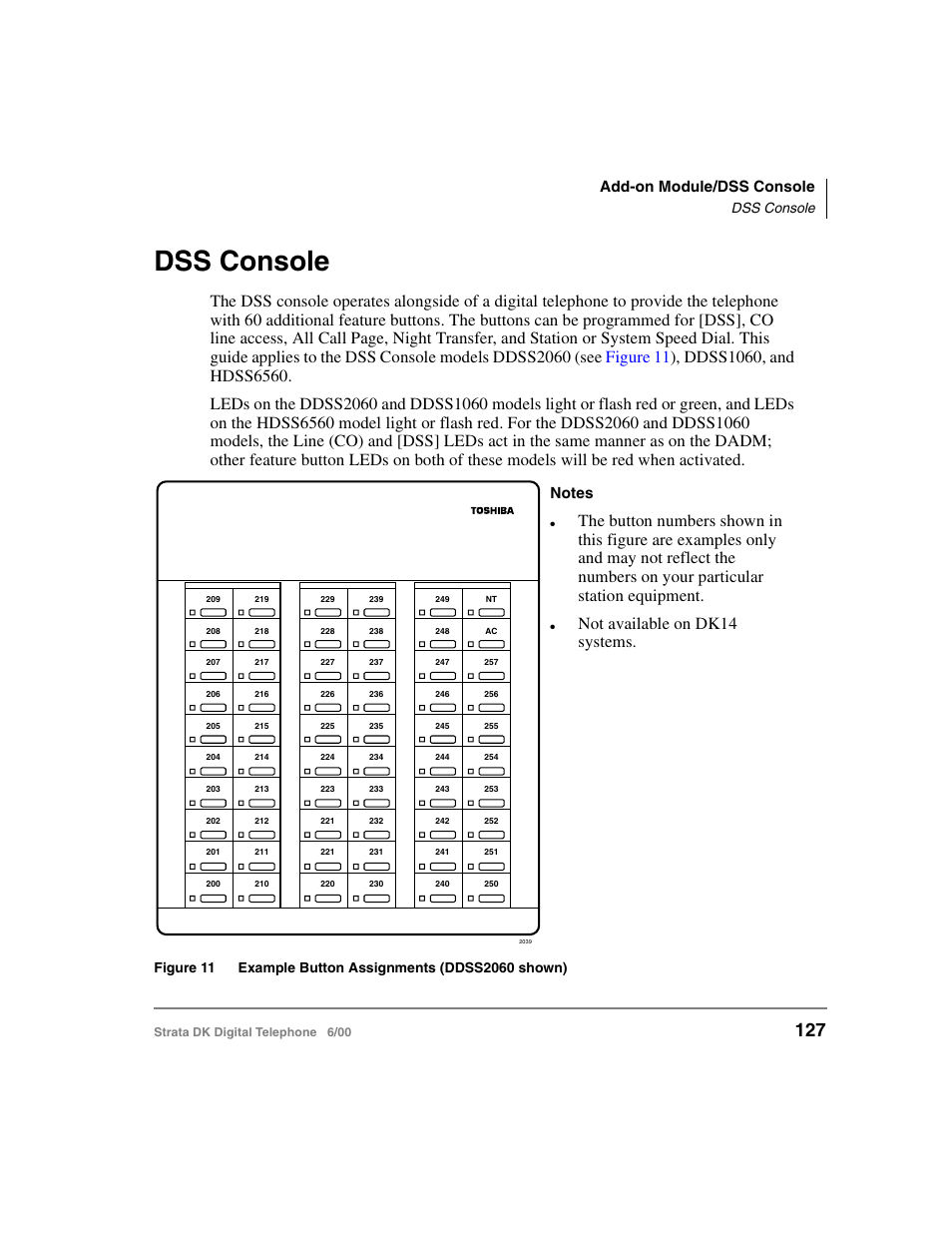 Dss console, E. (see, Not available on dk14 systems | Add-on module/dss console | Toshiba Strata DK 2000-series User Manual | Page 139 / 164