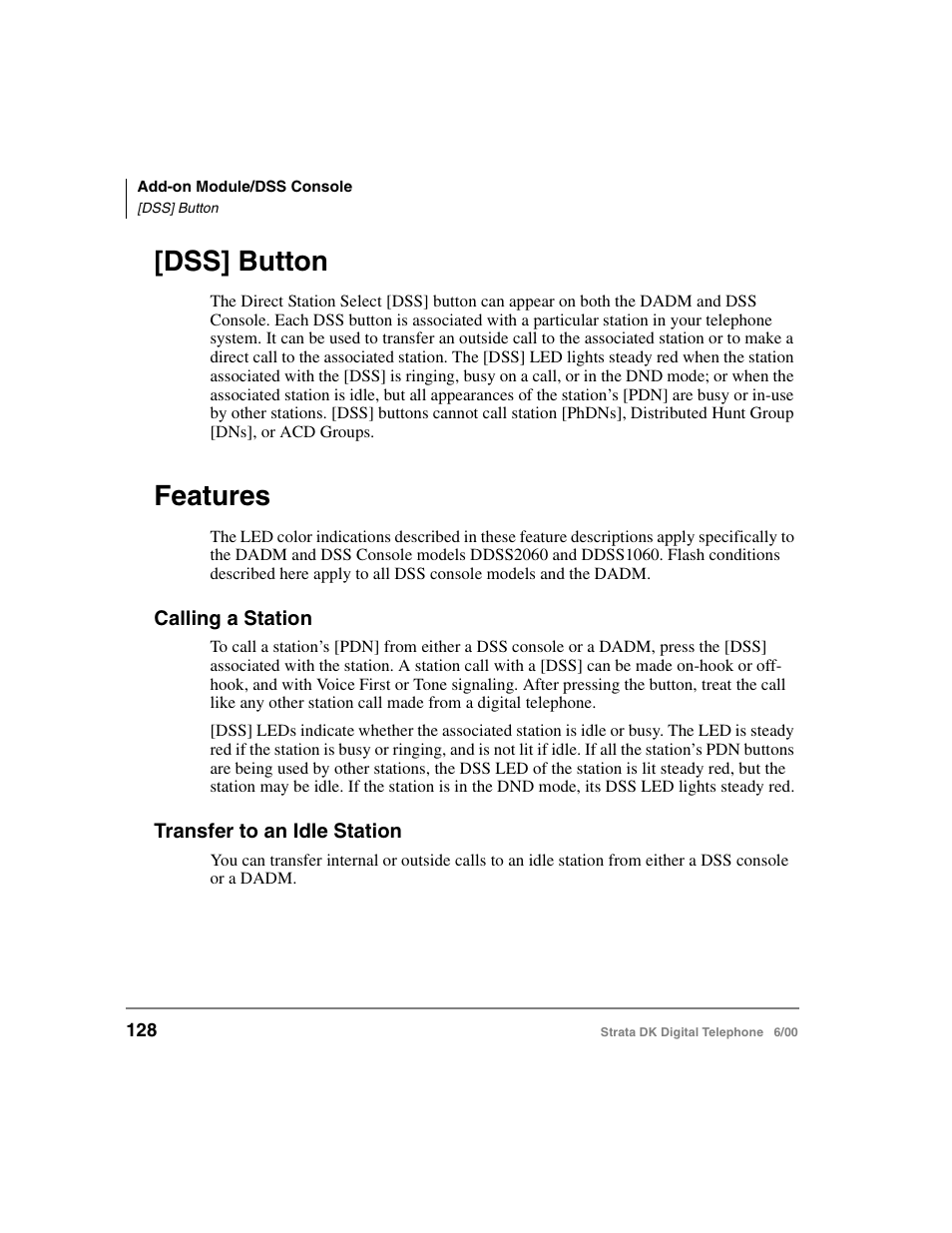 Dss] button, Features, Calling a station | Transfer to an idle station, Dss] button features, Calling a station transfer to an idle station | Toshiba Strata DK 2000-series User Manual | Page 140 / 164