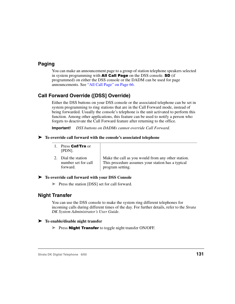 Paging, Call forward override ([dss] override), Night transfer | Toshiba Strata DK 2000-series User Manual | Page 143 / 164