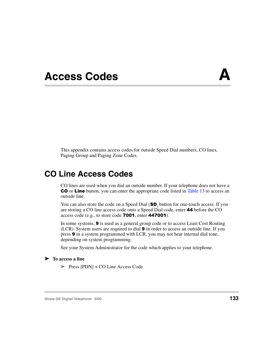 Appendix a - access codes, Co line access codes, Appendix a – access codes | S, see, Co line access, Access codes | Toshiba Strata DK 2000-series User Manual | Page 145 / 164