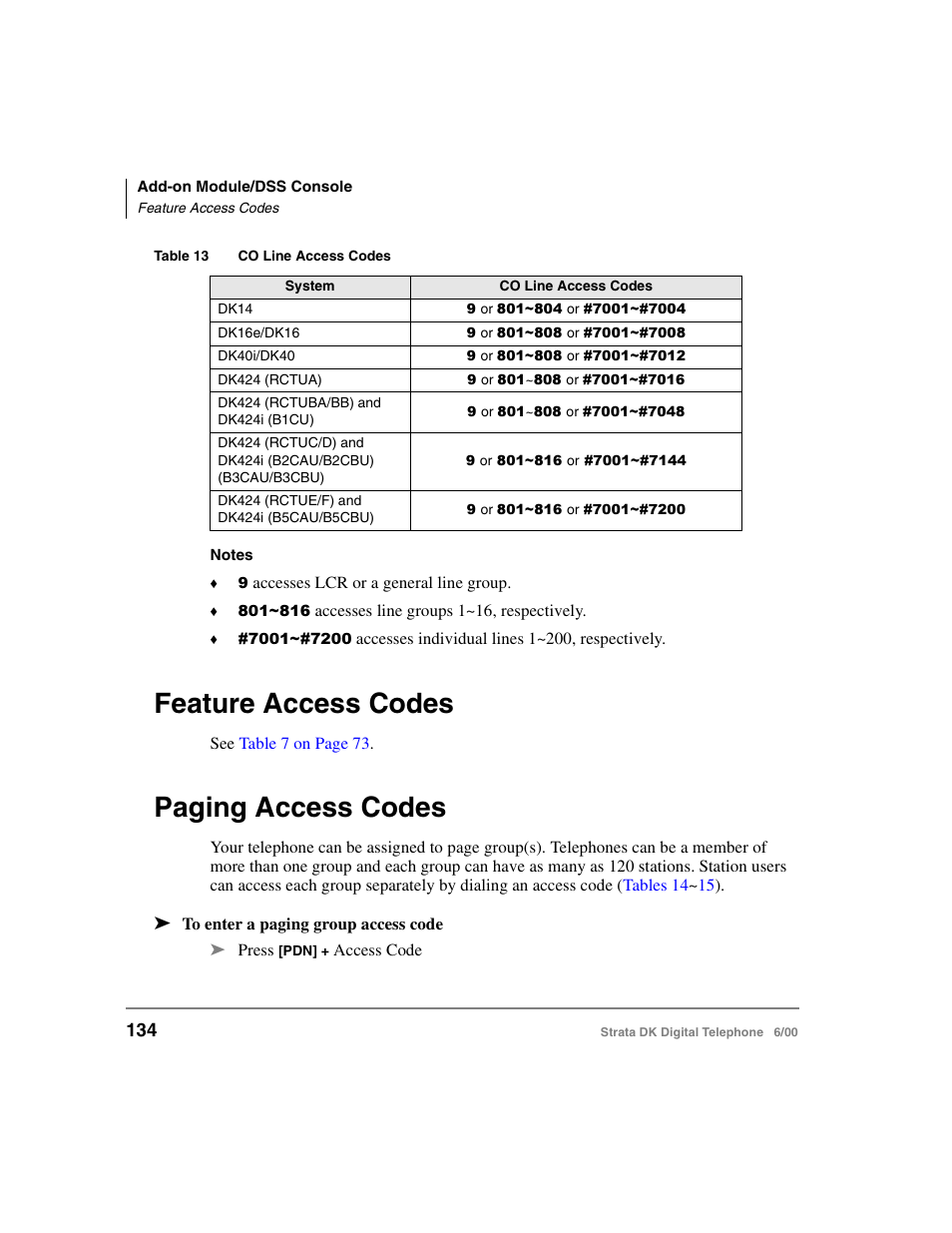 Feature access codes, Paging access codes, Feature access codes paging access codes | Toshiba Strata DK 2000-series User Manual | Page 146 / 164