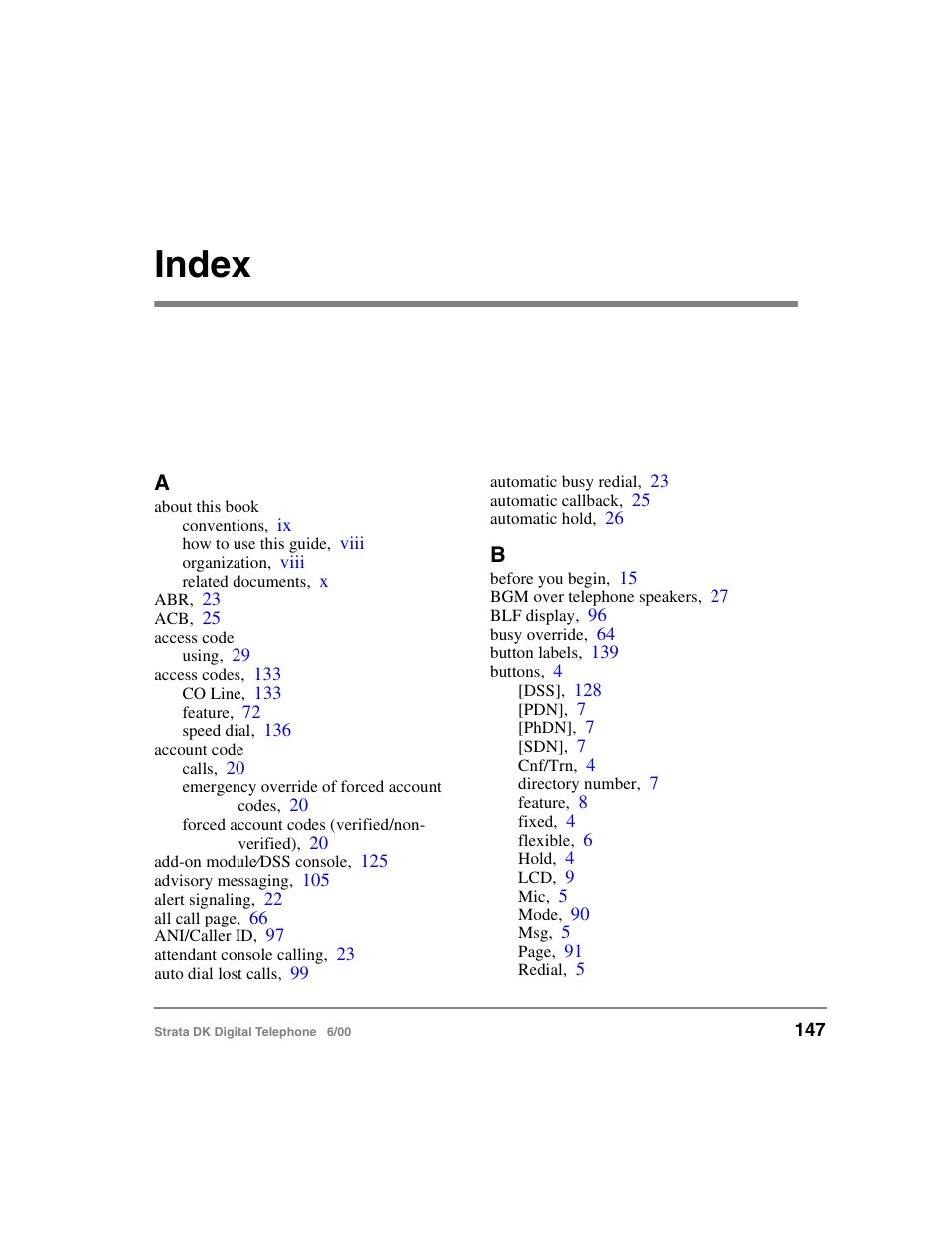 Index | Toshiba Strata DK 2000-series User Manual | Page 159 / 164