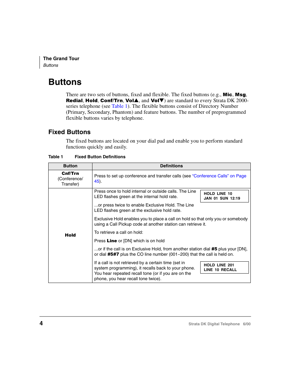 Buttons, Fixed buttons | Toshiba Strata DK 2000-series User Manual | Page 16 / 164