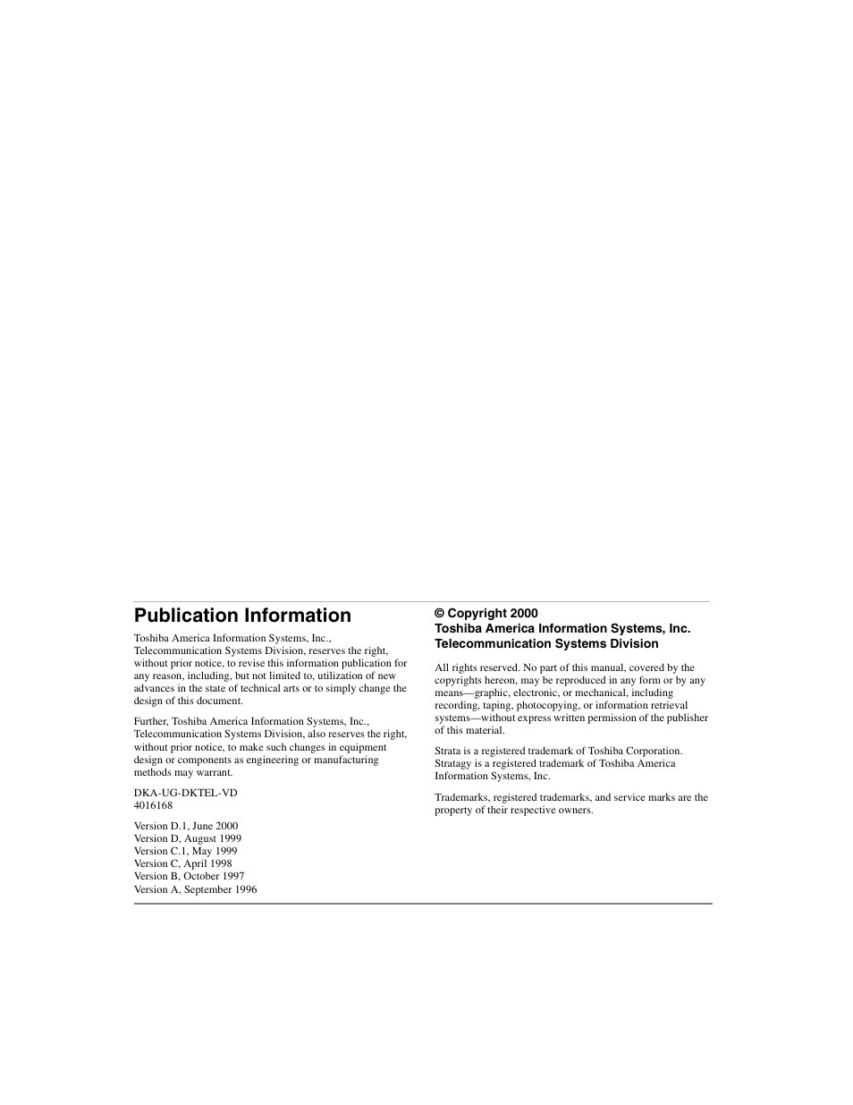 Publication information | Toshiba Strata DK 2000-series User Manual | Page 2 / 164
