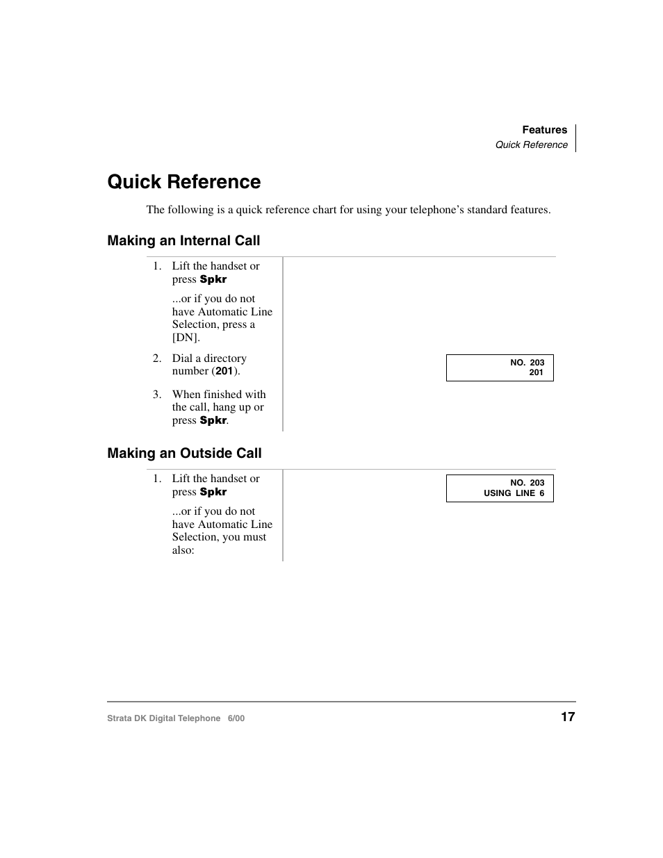 Quick reference, Making an internal call, Making an outside call | Making an internal call making an outside call | Toshiba Strata DK 2000-series User Manual | Page 29 / 164