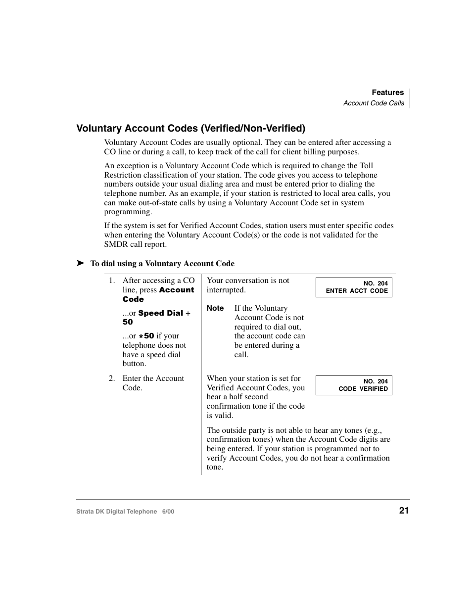 Voluntary account codes (verified/non-verified) | Toshiba Strata DK 2000-series User Manual | Page 33 / 164