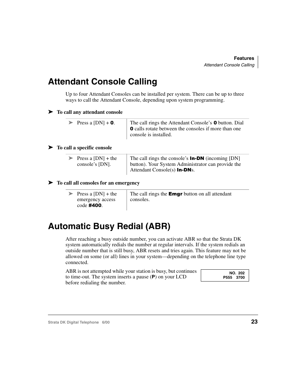 Attendant console calling, Automatic busy redial (abr) | Toshiba Strata DK 2000-series User Manual | Page 35 / 164