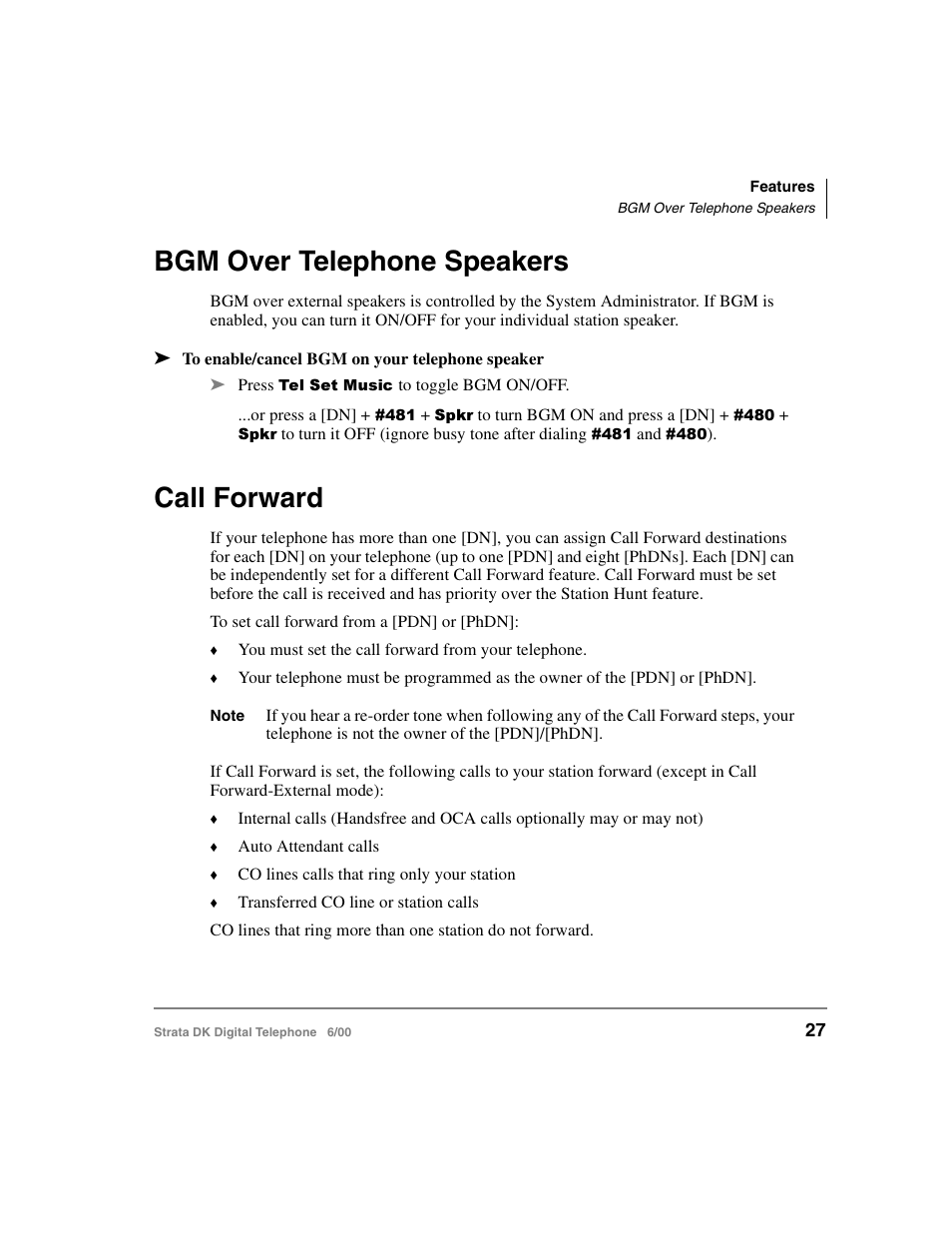 Bgm over telephone speakers, Call forward, Bgm over telephone speakers call forward | Toshiba Strata DK 2000-series User Manual | Page 39 / 164