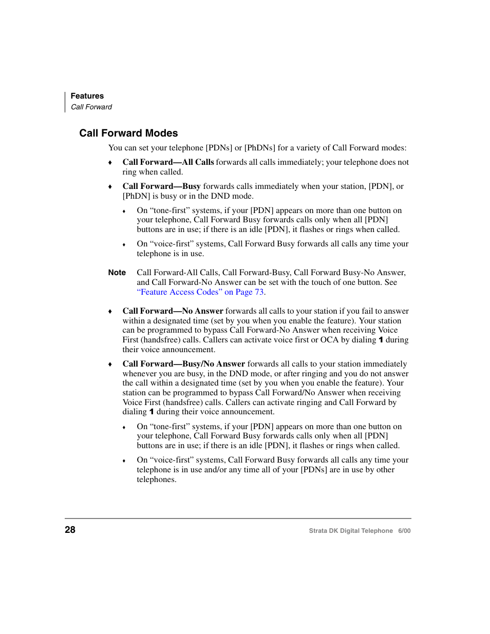 Call forward modes | Toshiba Strata DK 2000-series User Manual | Page 40 / 164
