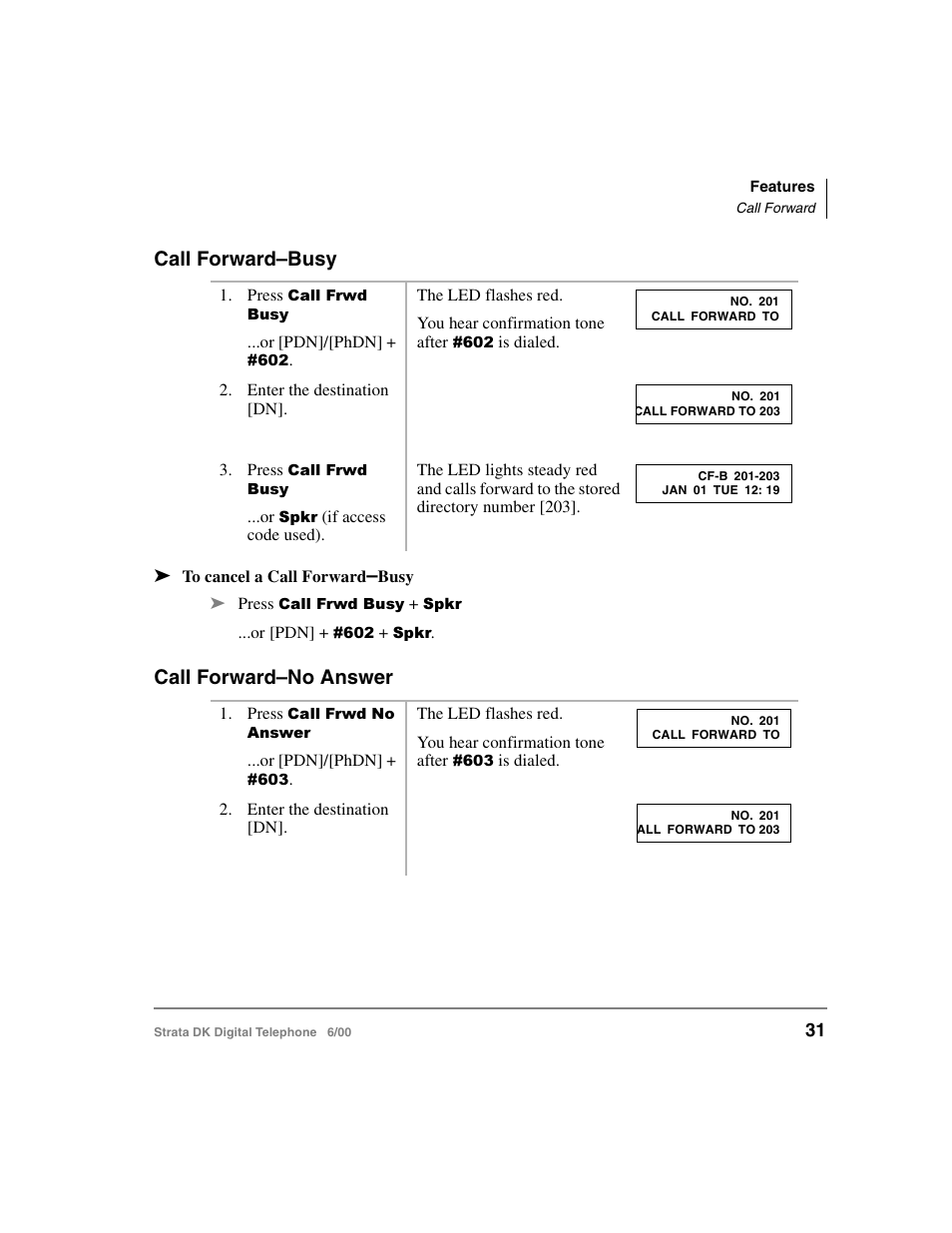 Call forward–busy, Call forward–no answer, Call forward–busy call forward–no answer | Toshiba Strata DK 2000-series User Manual | Page 43 / 164