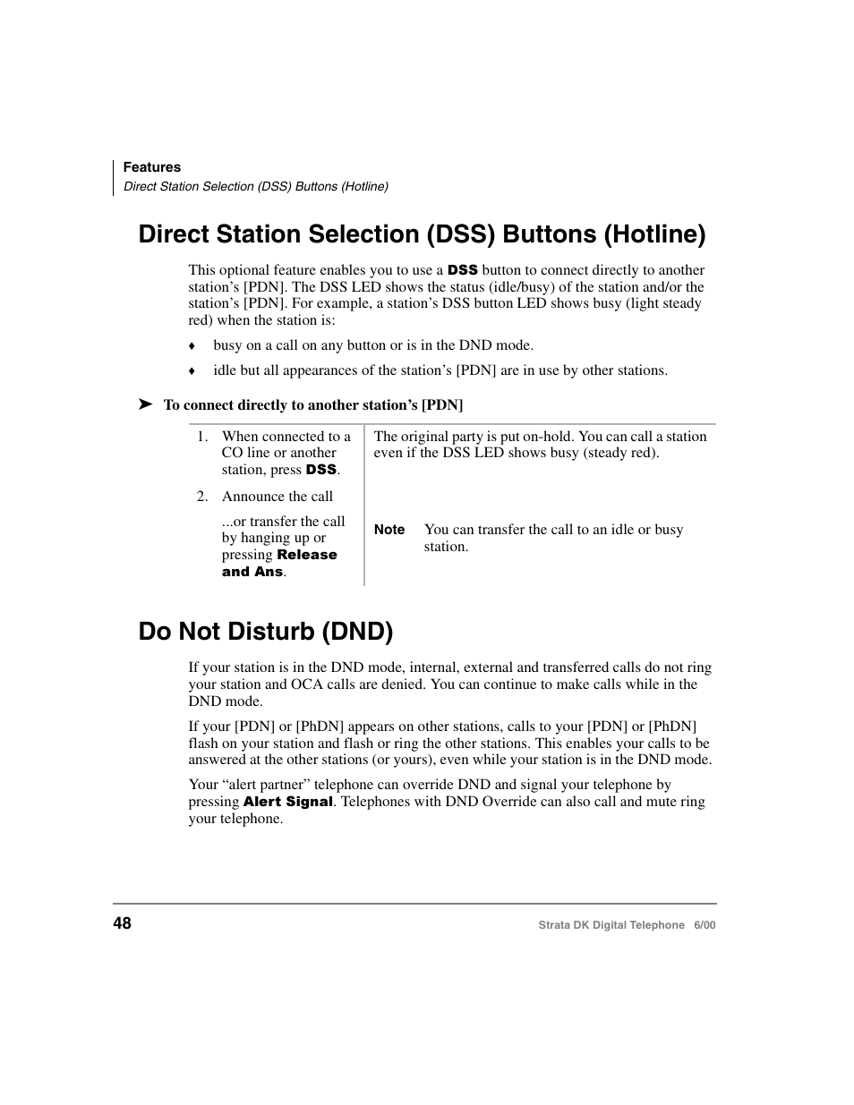 Direct station selection (dss) buttons (hotline), Do not disturb (dnd) | Toshiba Strata DK 2000-series User Manual | Page 60 / 164