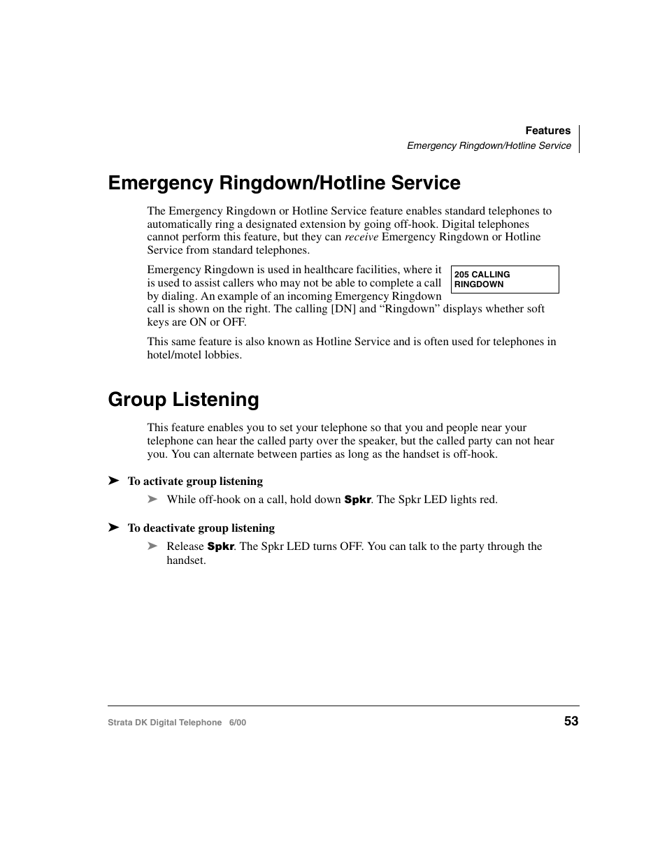 Emergency ringdown/hotline service, Group listening, Emergency ringdown/hotline service group listening | Toshiba Strata DK 2000-series User Manual | Page 65 / 164