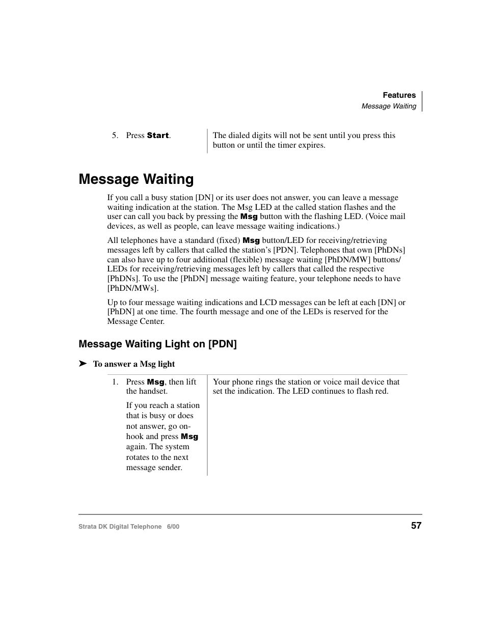 Message waiting, Message waiting light on [pdn | Toshiba Strata DK 2000-series User Manual | Page 69 / 164