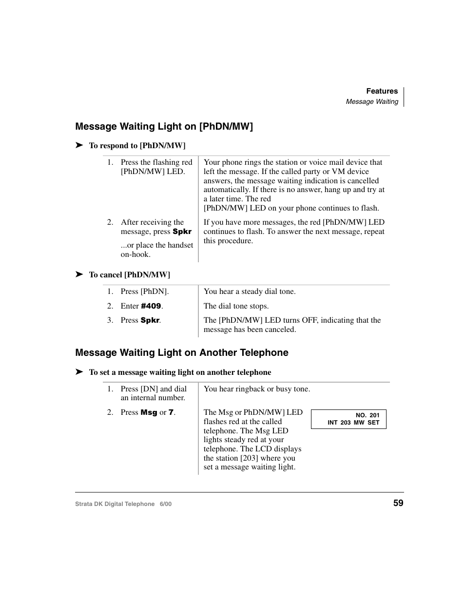 Message waiting light on [phdn/mw, Message waiting light on another telephone | Toshiba Strata DK 2000-series User Manual | Page 71 / 164