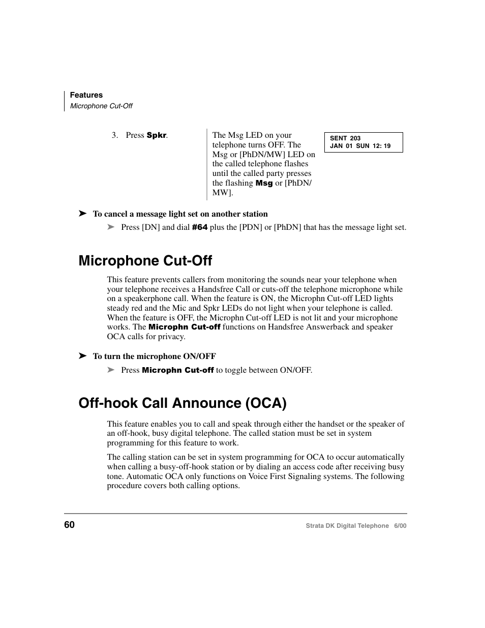 Microphone cut-off, Off-hook call announce (oca), Microphone cut-off off-hook call announce (oca) | Toshiba Strata DK 2000-series User Manual | Page 72 / 164