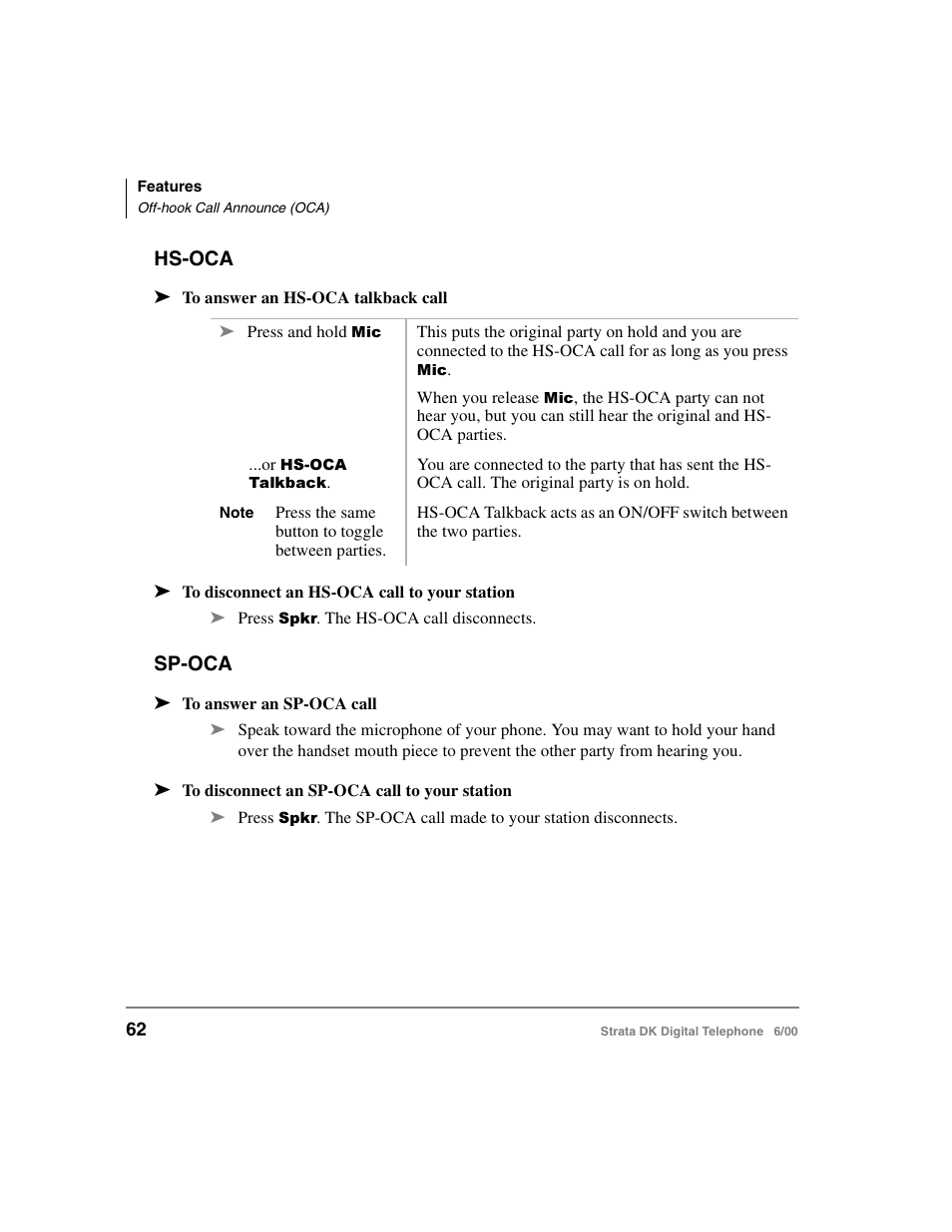 Hs-oca, Sp-oca, Hs-oca sp-oca | Toshiba Strata DK 2000-series User Manual | Page 74 / 164
