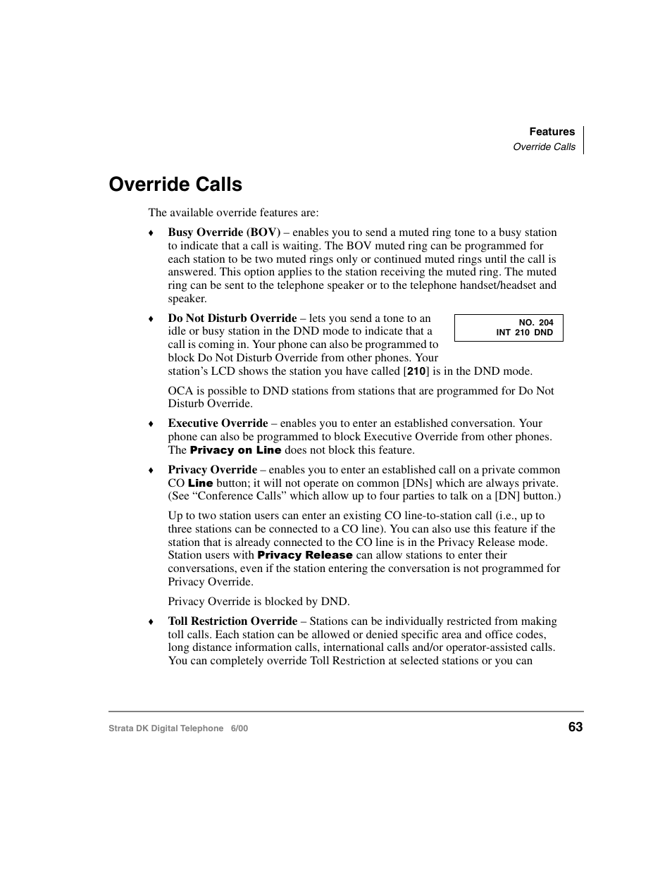Override calls | Toshiba Strata DK 2000-series User Manual | Page 75 / 164