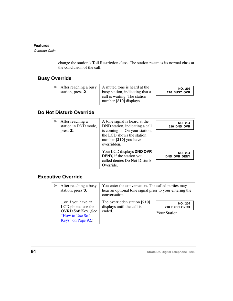 Busy override, Do not disturb override, Executive override | Toshiba Strata DK 2000-series User Manual | Page 76 / 164