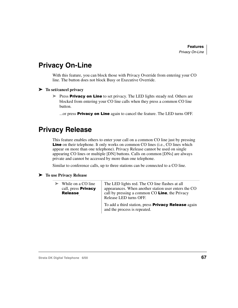Privacy on-line, Privacy release, Privacy on-line privacy release | Toshiba Strata DK 2000-series User Manual | Page 79 / 164