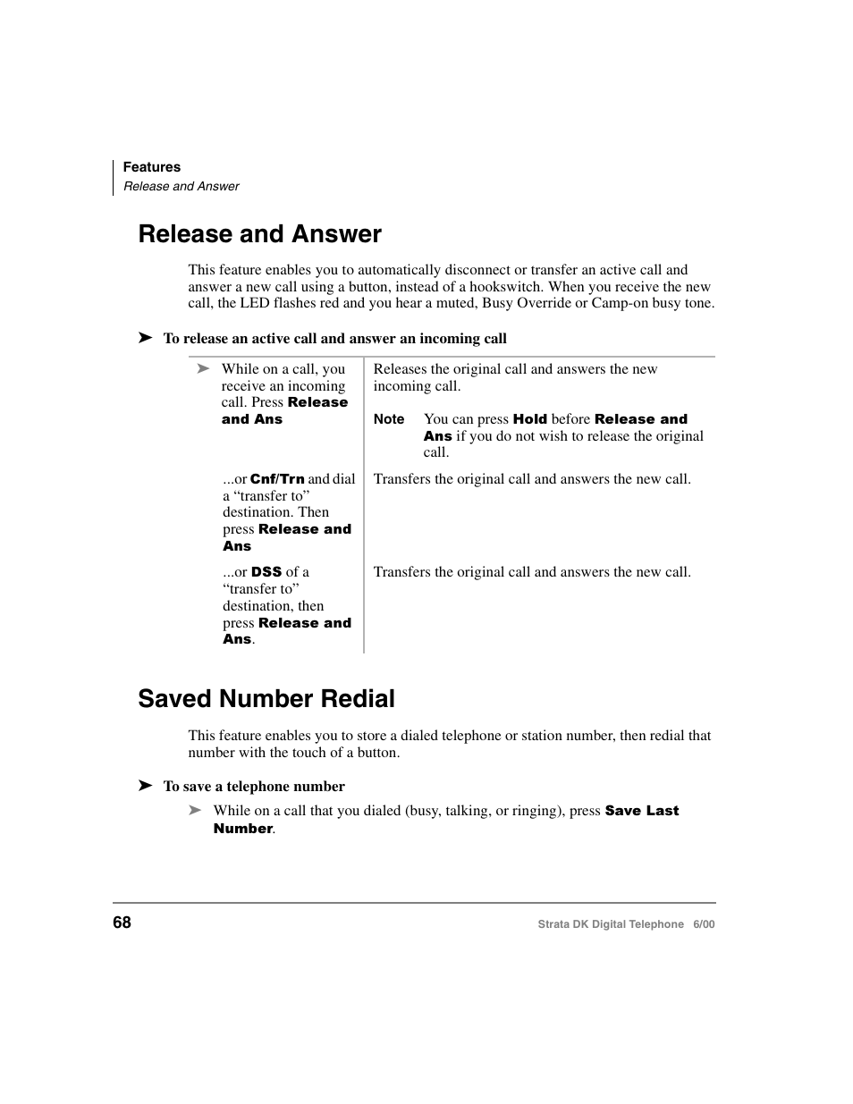 Release and answer, Saved number redial, Message notifications | Toshiba Strata DK 2000-series User Manual | Page 80 / 164
