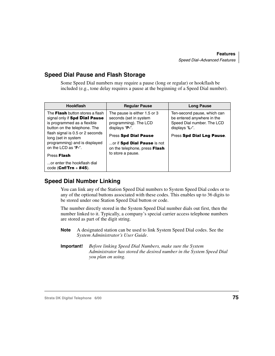 Speed dial pause and flash storage, Speed dial number linking, Speed | Toshiba Strata DK 2000-series User Manual | Page 87 / 164