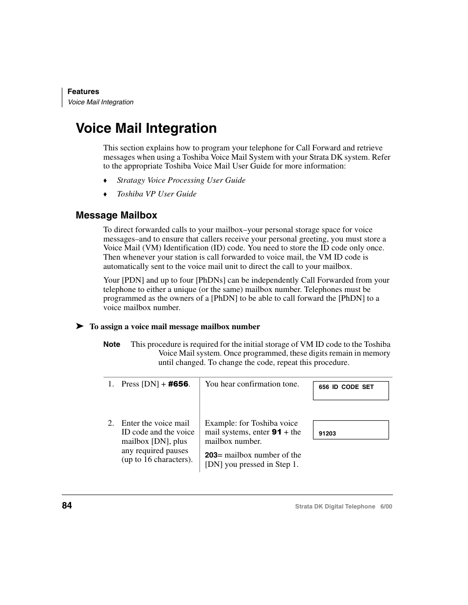 Voice mail integration, Message mailbox | Toshiba Strata DK 2000-series User Manual | Page 96 / 164