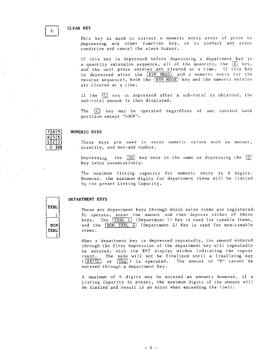 Clear key, Numeric keys, Txbl | Department keys | Toshiba MA-68 SERIES User Manual | Page 10 / 36
