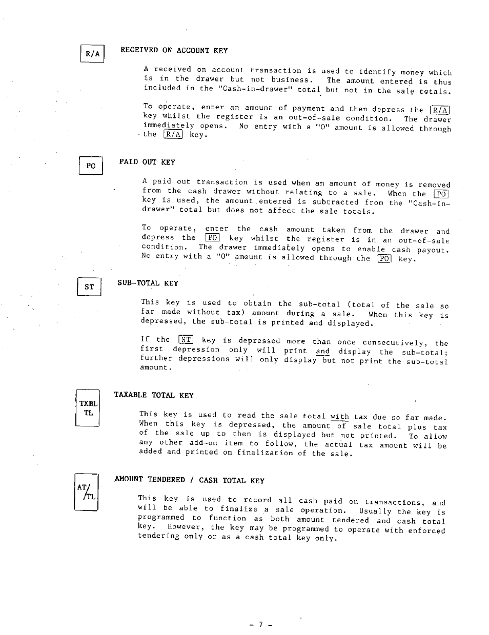 Received on account key, Paid out key, Sub-total key | Taxable total key, Amount tendered / cash total key | Toshiba MA-68 SERIES User Manual | Page 11 / 36
