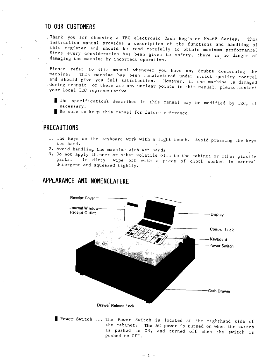 To our customers, Precautions, Appearance and nomenclature | Appearance and nomenclaure | Toshiba MA-68 SERIES User Manual | Page 5 / 36