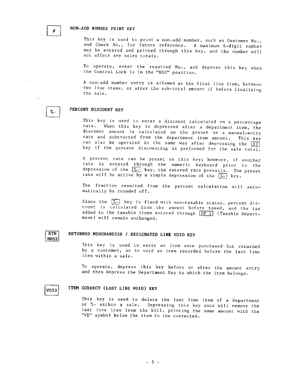 Non-add number print key, Percent discount key, Returned merchandise / designated line void key | Item correct (last line void) key | Toshiba MA-68 SERIES User Manual | Page 9 / 36