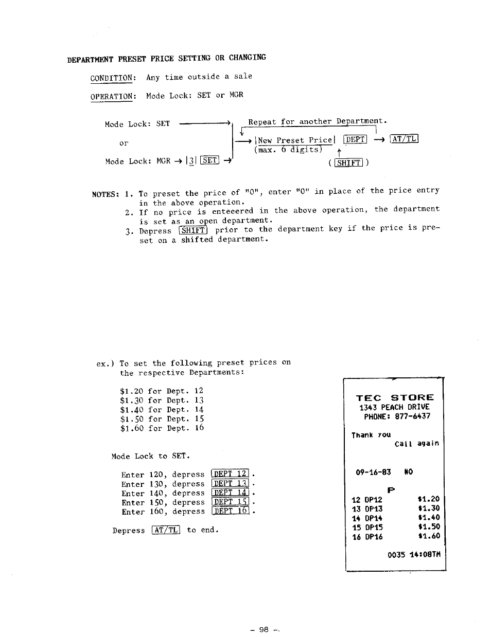 Cau again, Department preset price setting or changing | Toshiba TEC MA-1100-400 SERIES User Manual | Page 102 / 138