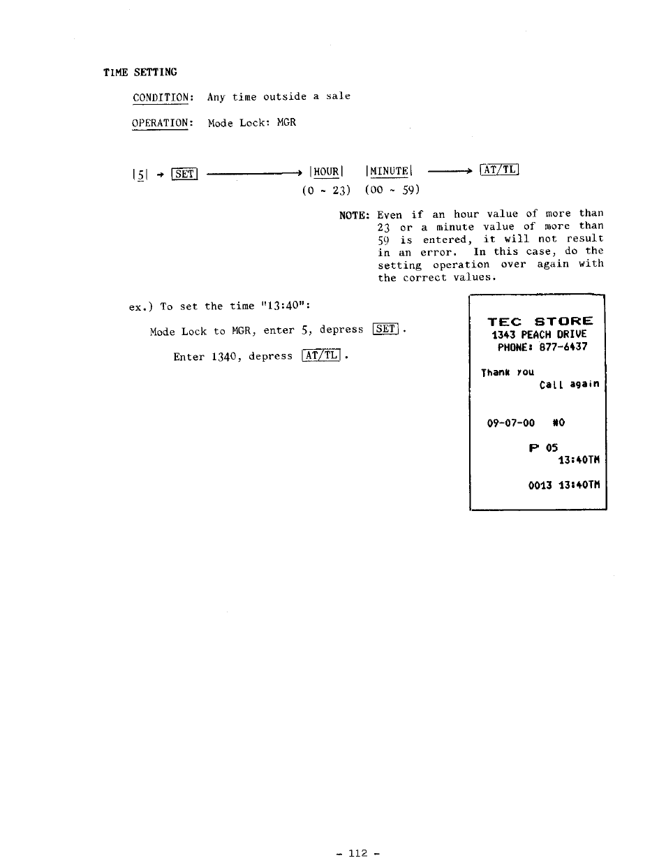 Time setting, Thank rou, Call a9atn | 07-00 n0 p 05, 13s40th 0013 13s40tm | Toshiba TEC MA-1100-400 SERIES User Manual | Page 116 / 138