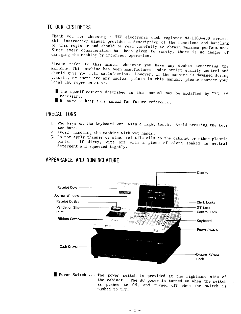 Precautions, Appearance and nomenclature | Toshiba TEC MA-1100-400 SERIES User Manual | Page 5 / 138