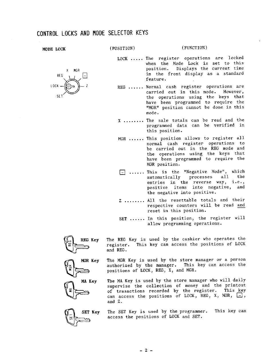 Mode lock, Control locks and mode selector keys | Toshiba TEC MA-1100-400 SERIES User Manual | Page 6 / 138