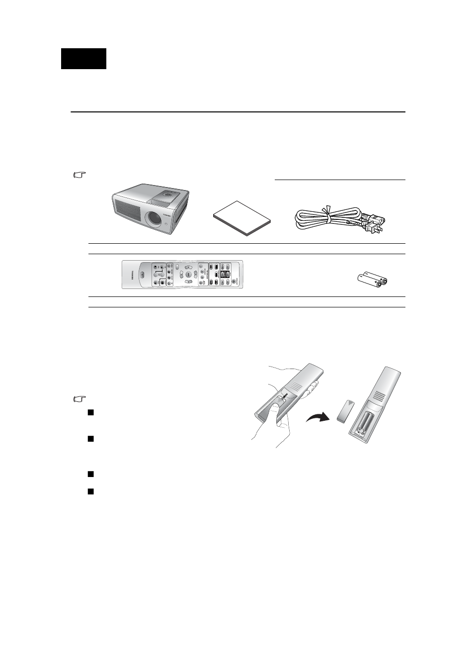 Overview, Shipping contents, Optional accessories | Installing or replacing batteries | Toshiba TDP-MT700 User Manual | Page 11 / 34