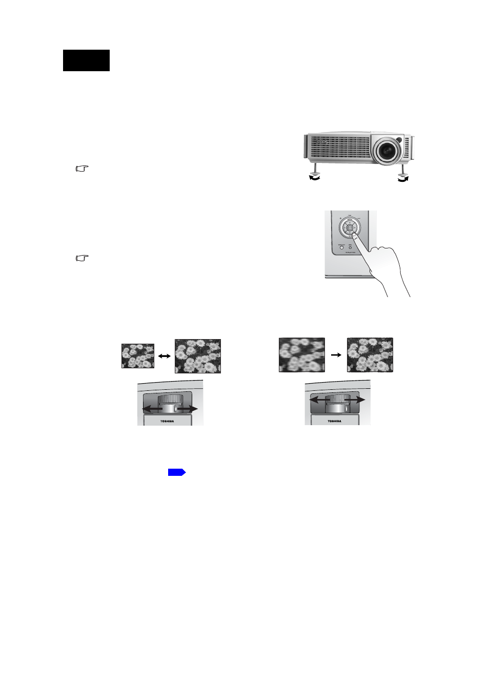 Adjust the image, Optimizing the image, Adjust the image optimizing the image | P.21, Adjusting the angle height, Auto-adjusting the image, Fine-tuning the image size and clarity | Toshiba TDP-MT700 User Manual | Page 21 / 34
