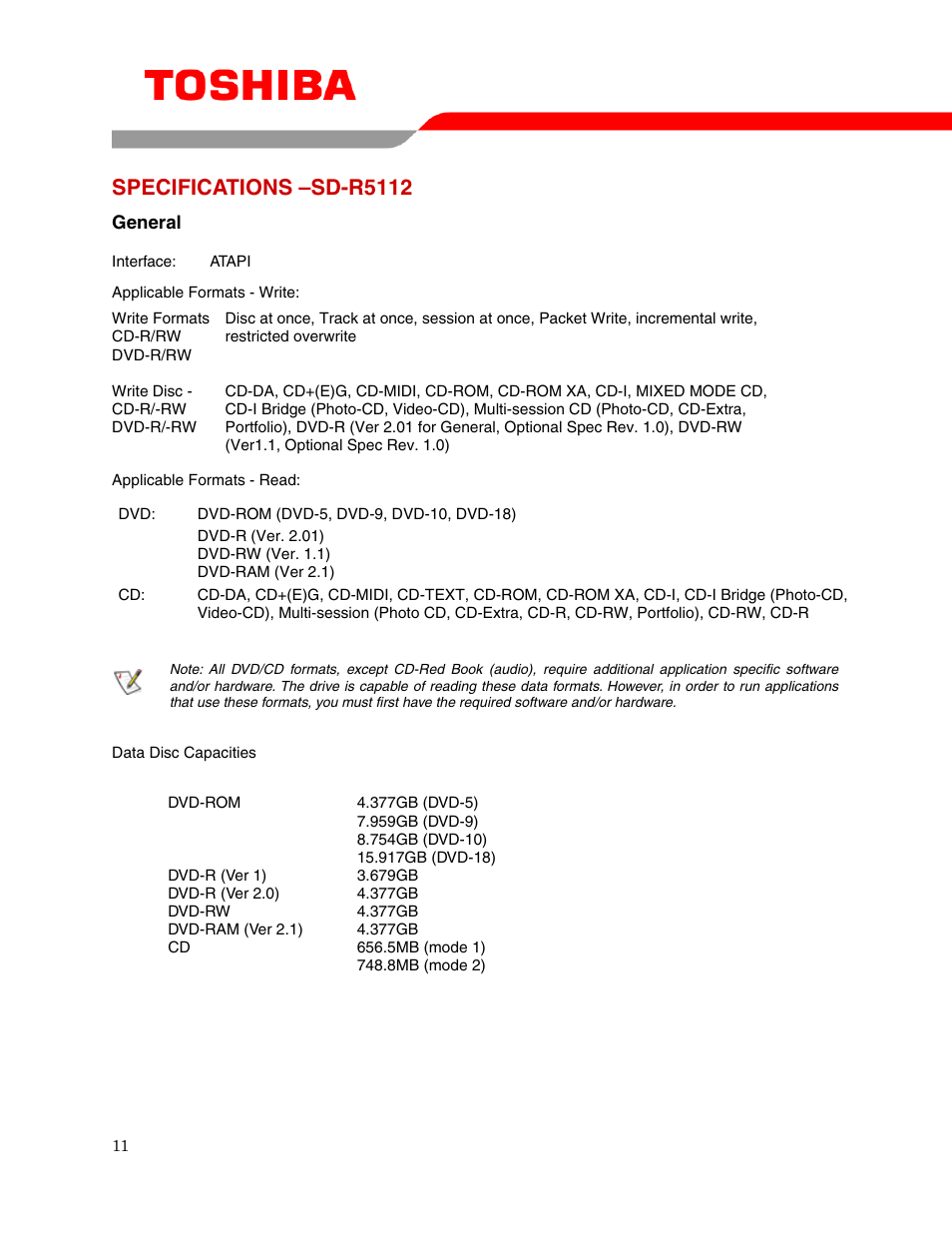 Specifications –sd-r5112 | Toshiba DVD REWRITEABLE DRIVE SD-R5112 User Manual | Page 13 / 18