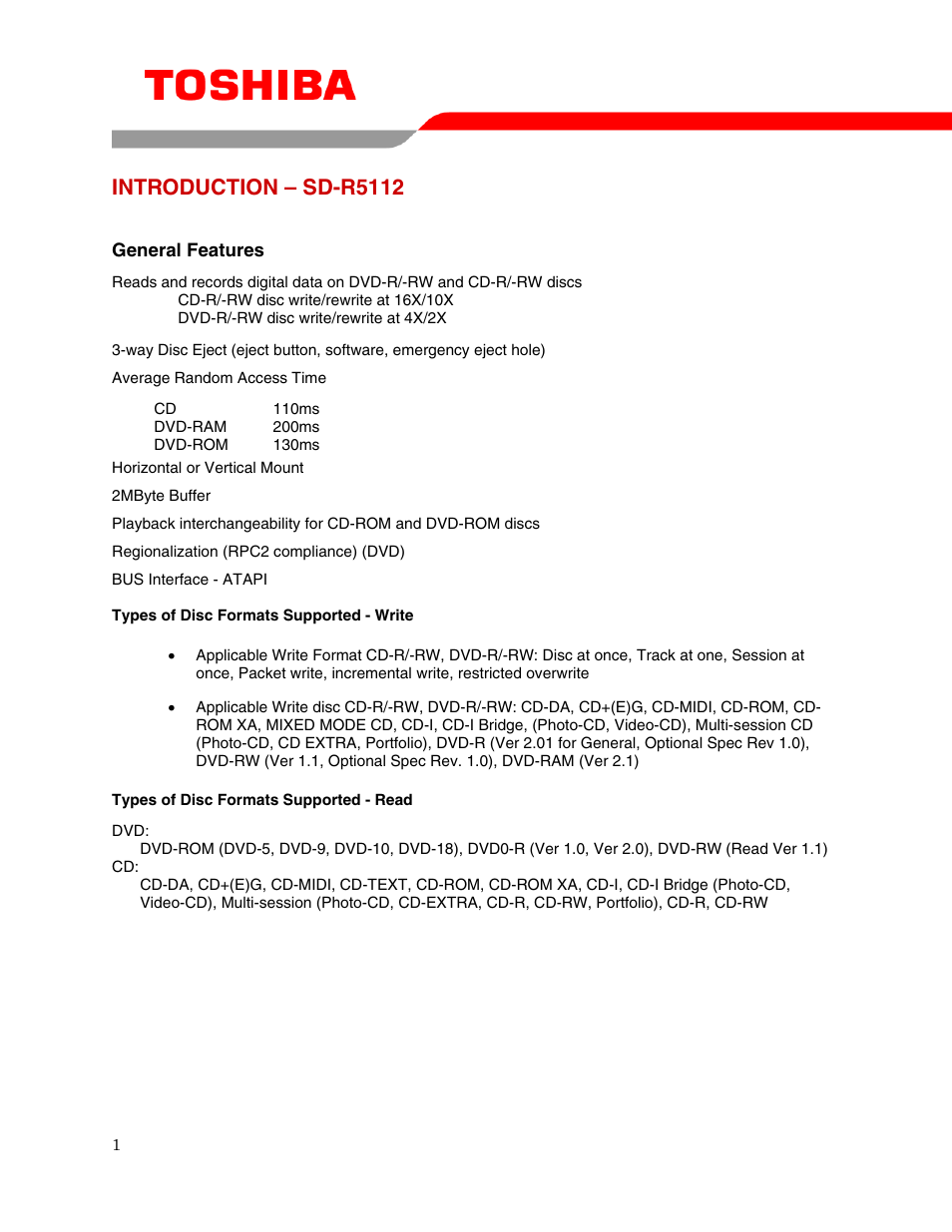 Introduction – sd-r5112 | Toshiba DVD REWRITEABLE DRIVE SD-R5112 User Manual | Page 3 / 18