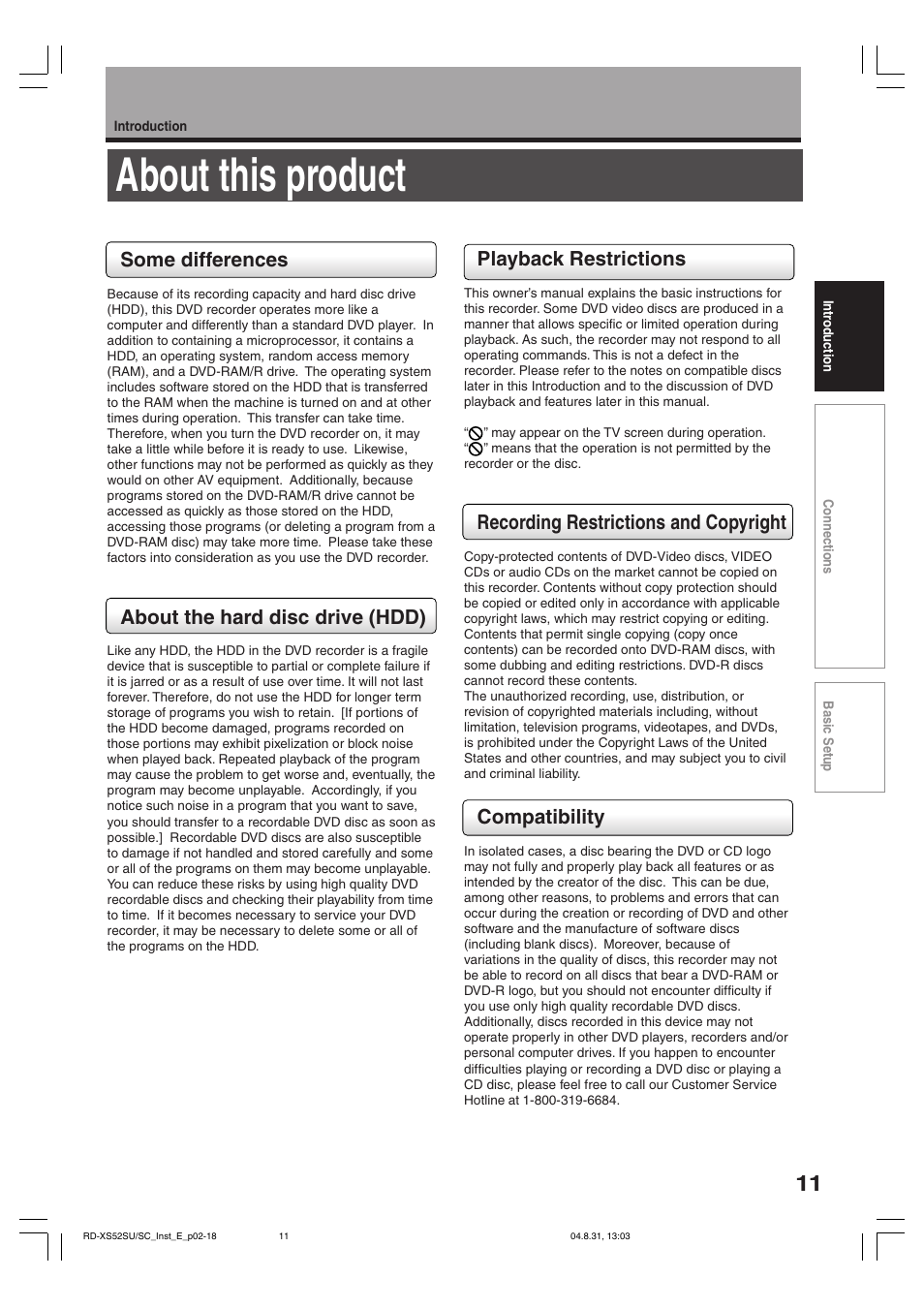 About this product, Some differences, About the hard disc drive (hdd) | Playback restrictions, Recording restrictions and copyright, Compatibility | Toshiba RD-KX50SU User Manual | Page 11 / 60