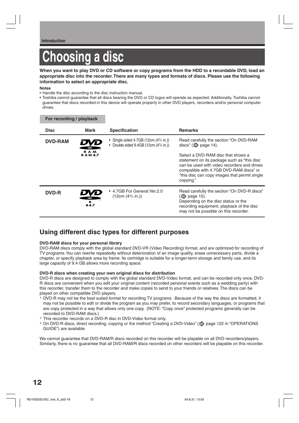 Choosing a disc, Using different disc types for different purposes | Toshiba RD-KX50SU User Manual | Page 12 / 60