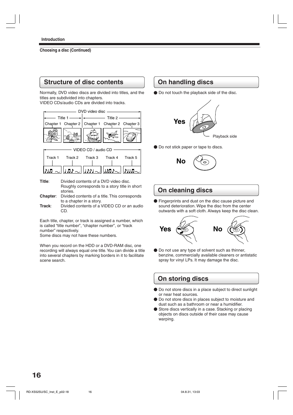 Yes no yes no, On handling discs, On cleaning discs | On storing discs, Structure of disc contents | Toshiba RD-KX50SU User Manual | Page 16 / 60