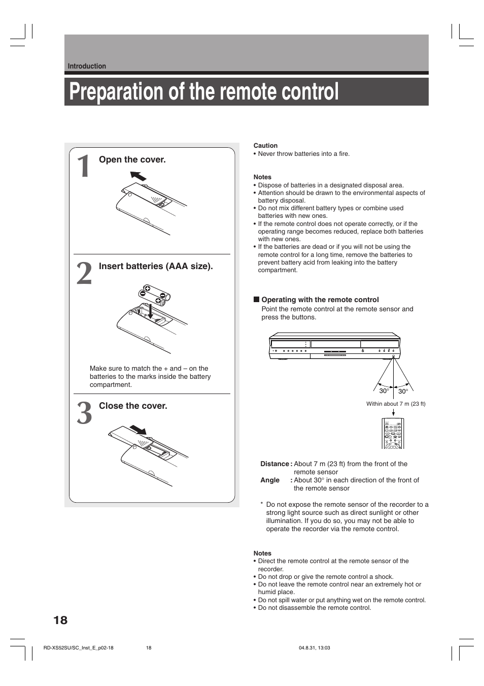 Preparation of the remote control | Toshiba RD-KX50SU User Manual | Page 18 / 60