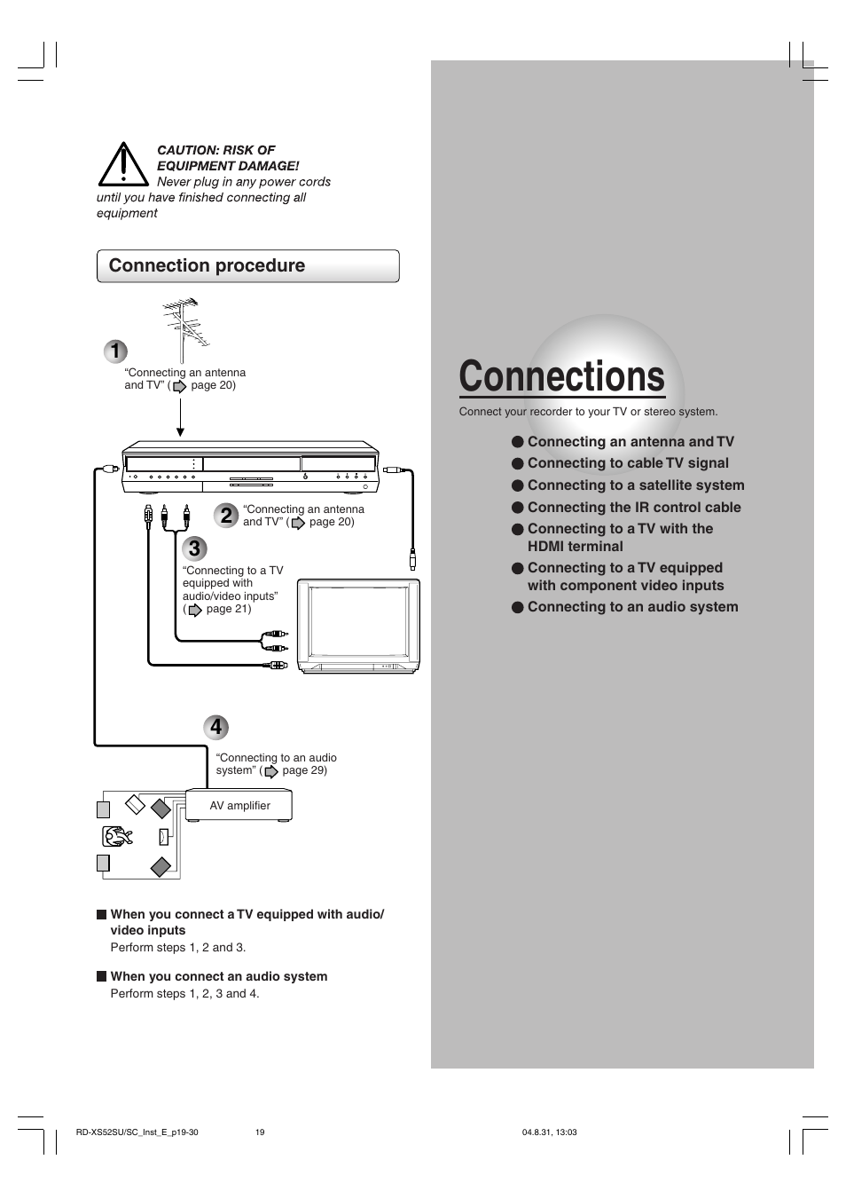 Connections, Connection procedure | Toshiba RD-KX50SU User Manual | Page 19 / 60