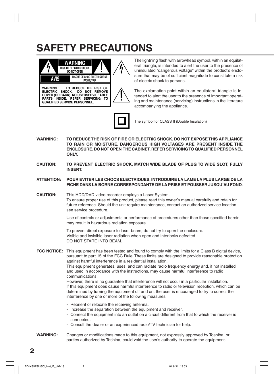 Safety precautions, Avis, Warning | Toshiba RD-KX50SU User Manual | Page 2 / 60