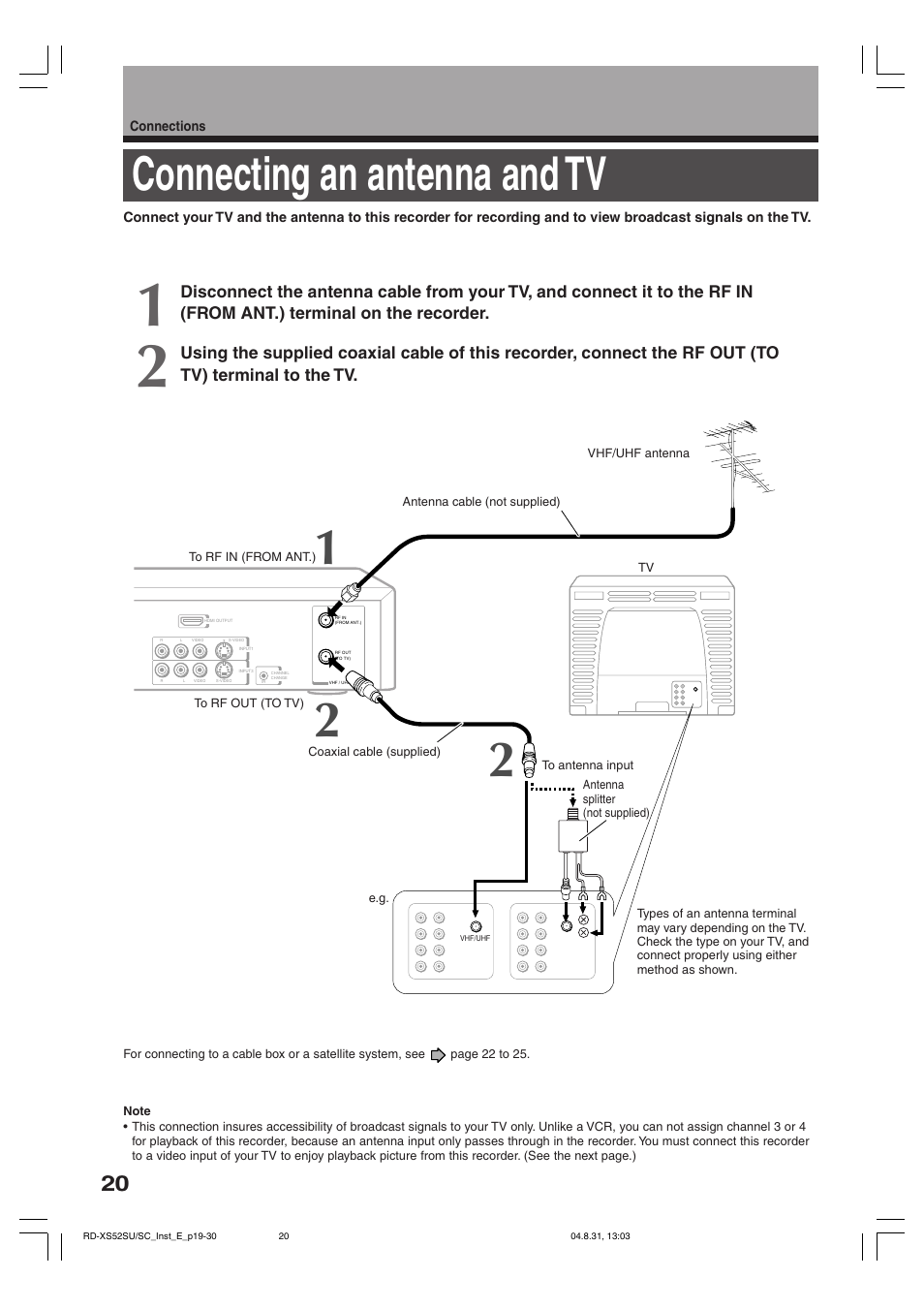 Connecting an antenna and tv | Toshiba RD-KX50SU User Manual | Page 20 / 60