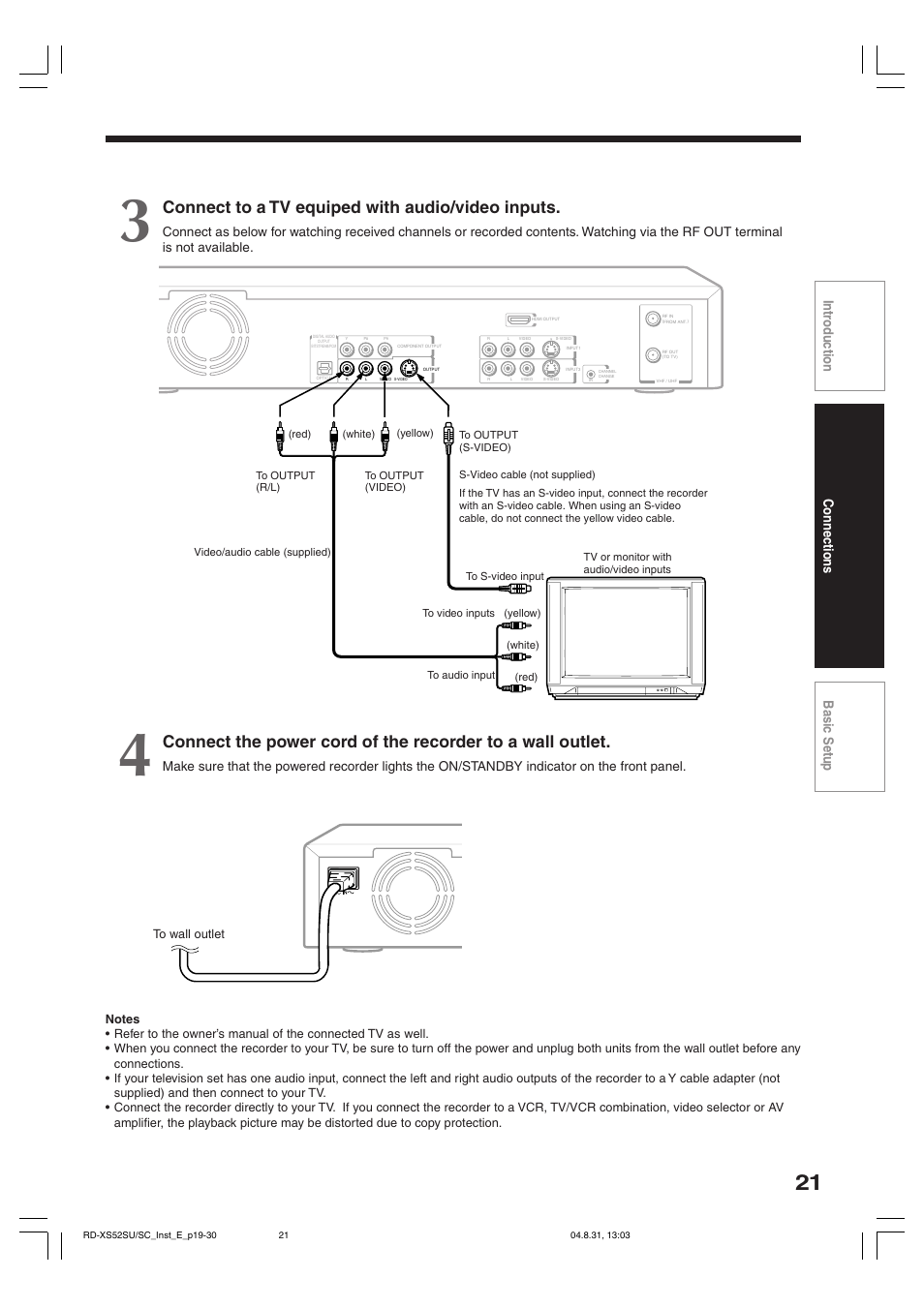 Connect to a tv equiped with audio/video inputs, Connections basic setup intr oduction | Toshiba RD-KX50SU User Manual | Page 21 / 60
