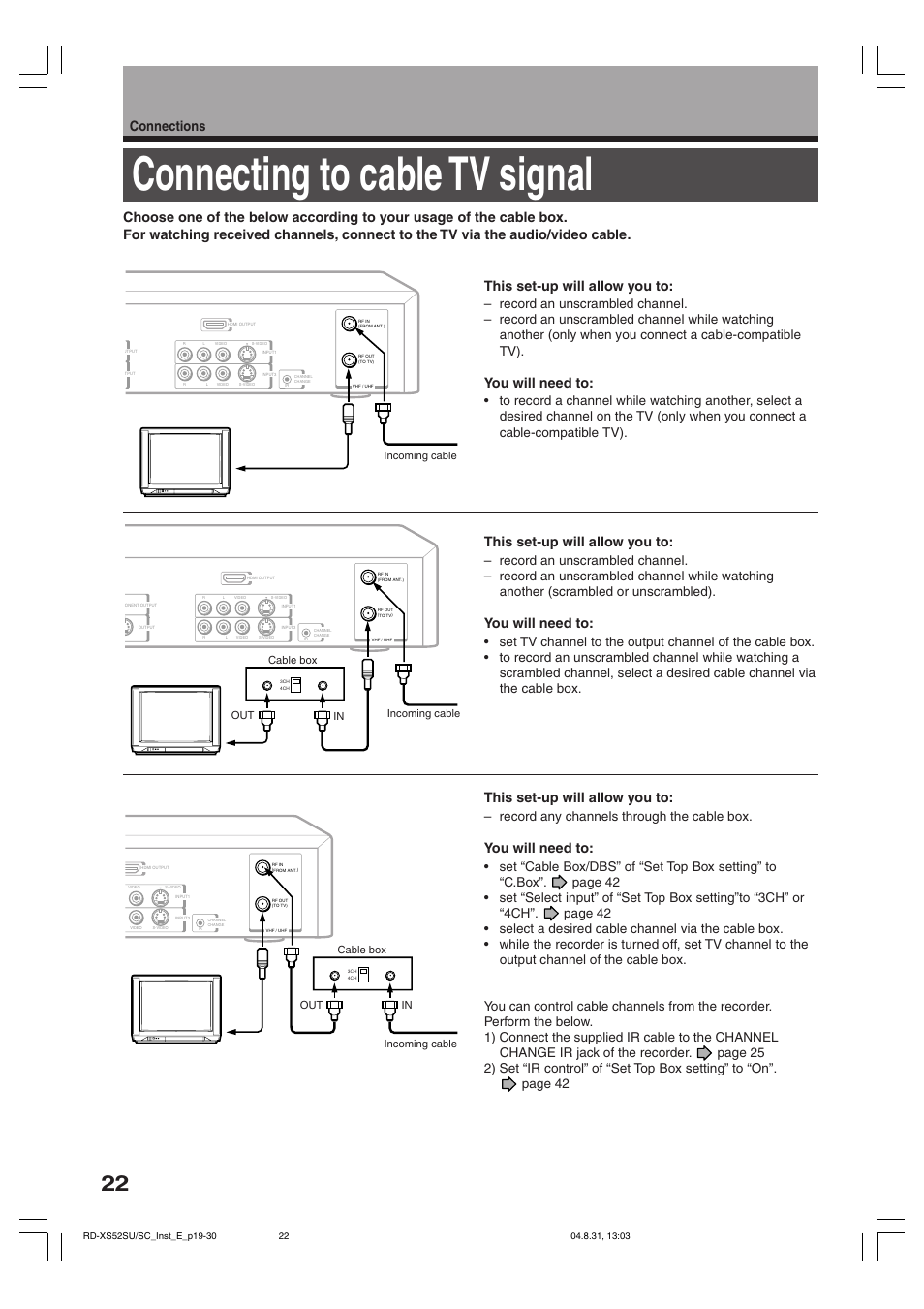 Connecting to cable tv signal, Connections, You will need to | This set-up will allow you to, Record any channels through the cable box | Toshiba RD-KX50SU User Manual | Page 22 / 60