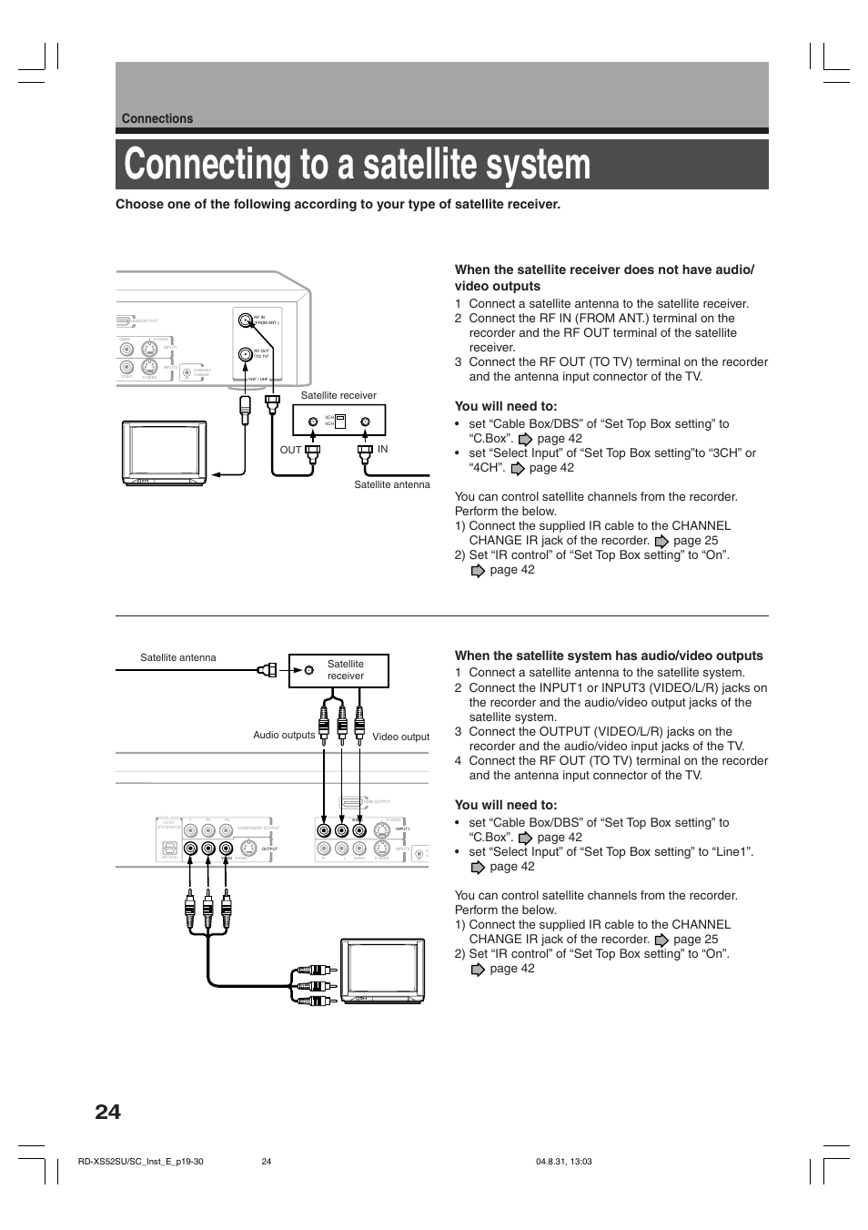 Connecting to a satellite system, You will need to, When the satellite system has audio/video outputs | Toshiba RD-KX50SU User Manual | Page 24 / 60