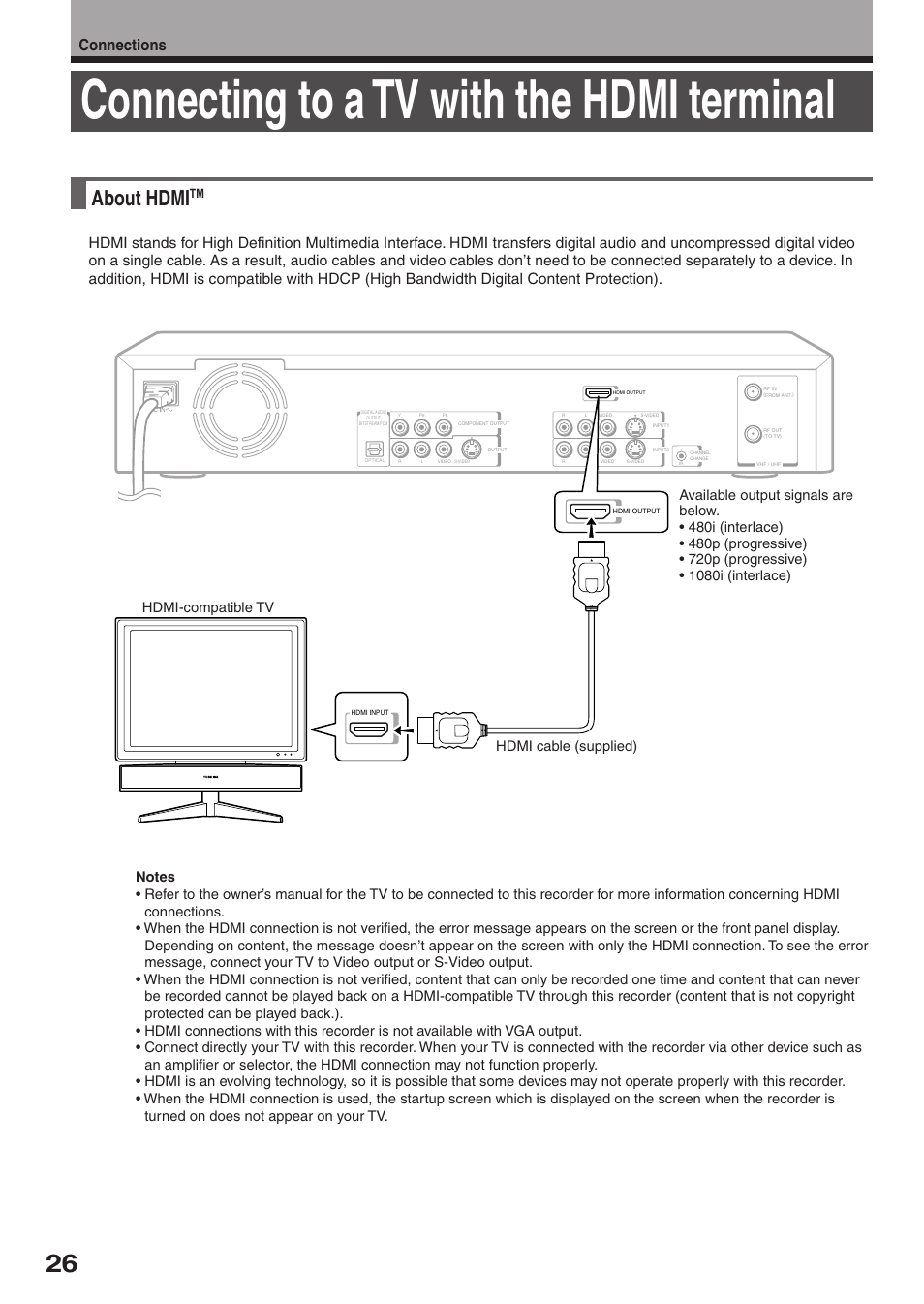 Connecting to a tv with the hdmi terminal, About hdmi, Connections | Toshiba RD-KX50SU User Manual | Page 26 / 60