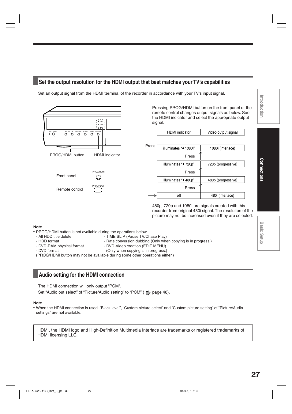 Audio setting for the hdmi connection | Toshiba RD-KX50SU User Manual | Page 27 / 60
